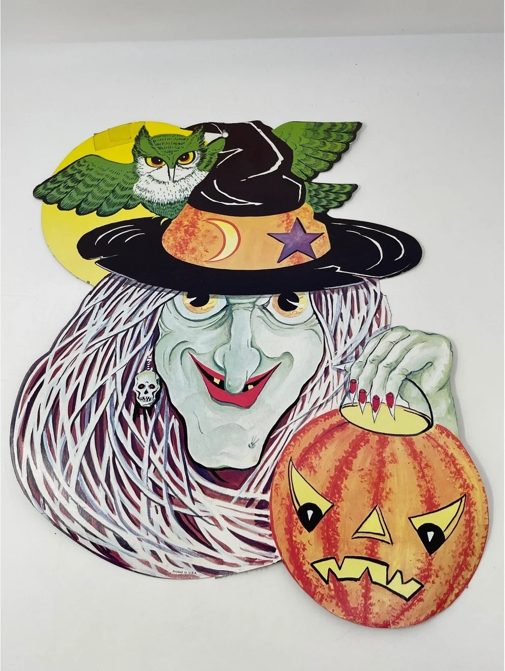 Vintage Halloween Witch Owl Cardboard Die Cut Wall Decor Pumpkin Set Lot of 2